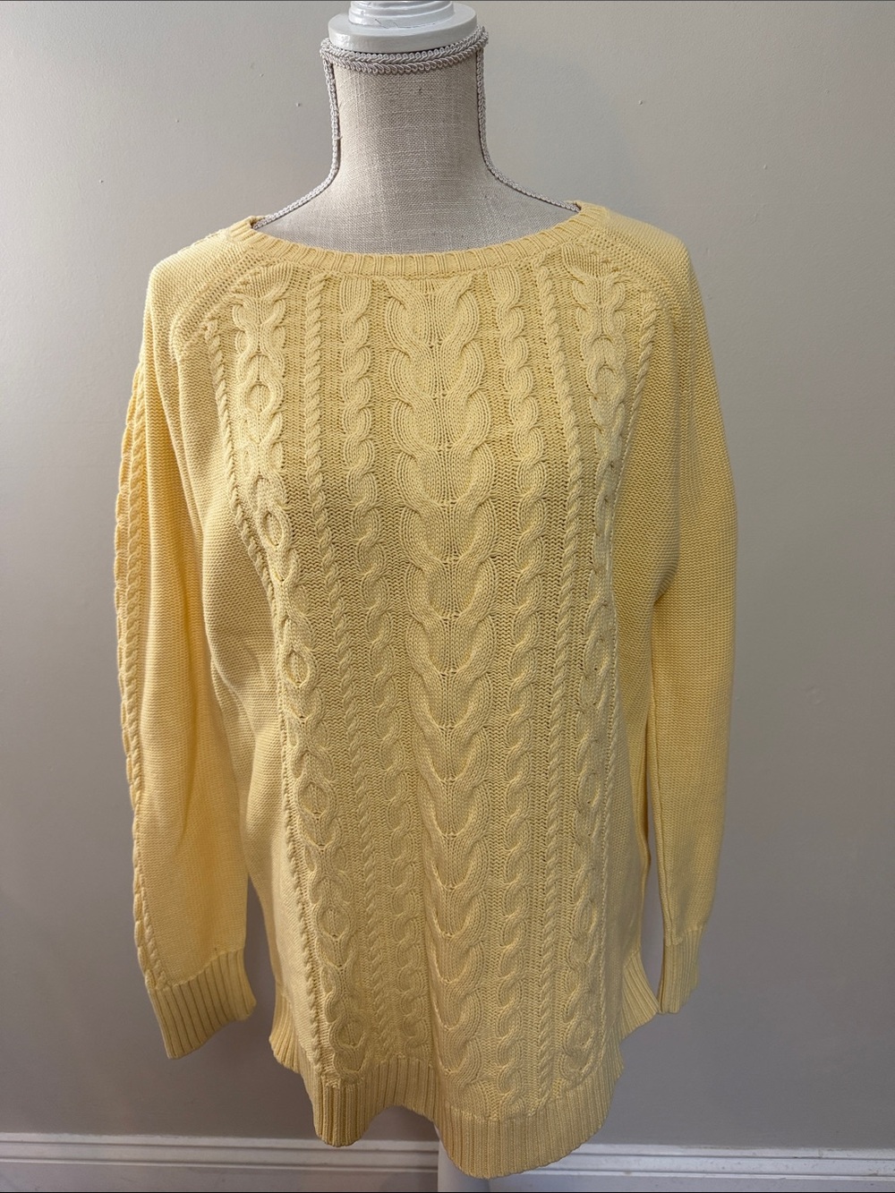 L.L. Bean Women's Yellow Cable Knit Scoop Neck Sweater